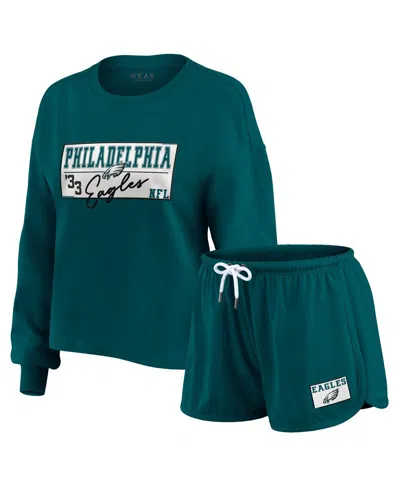 Wear By Erin Andrews Women's 2-piece Midnight Green Philadelphia Eagles Heavy Rugby Jersey Long Sleeve T-shirt And Shorts