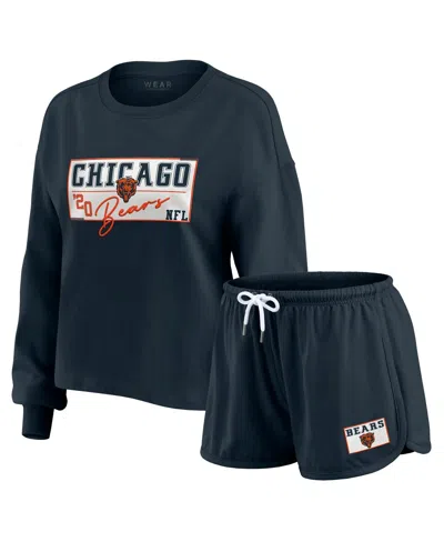 Wear By Erin Andrews Women's 2-piece Navy Chicago Bears Heavy Rugby Jersey Long Sleeve T-shirt And Shorts Lounge Set In Blue