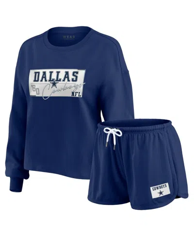 Wear By Erin Andrews Women's 2-piece Navy Dallas Cowboys Heavy Rugby Jersey Long Sleeve T-shirt And Shorts Lounge Set In Blue