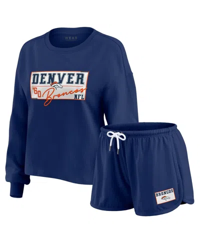 Wear By Erin Andrews Women's 2-piece Navy Denver Broncos Heavy Rugby Jersey Long Sleeve T-shirt And Shorts Lounge Set In Blue