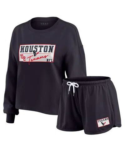 Wear By Erin Andrews Women's 2-piece Navy Houston Texans Heavy Rugby Jersey Long Sleeve T-shirt And Shorts Lounge Set In Blue