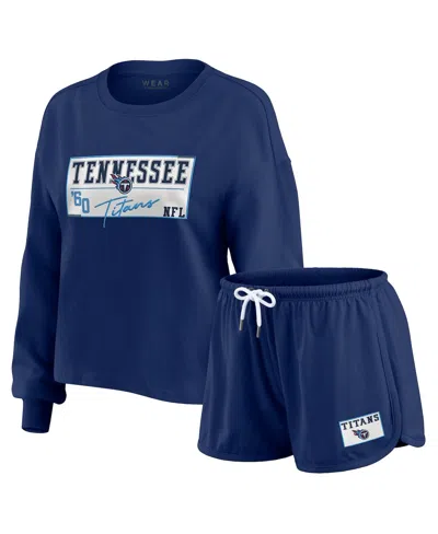 Wear By Erin Andrews Women's 2-piece Navy Tennessee Titans Heavy Rugby Jersey Long Sleeve T-shirt And Shorts Lounge Set In Blue