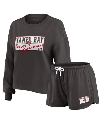 Wear By Erin Andrews Women's 2-piece Pewter Tampa Bay Buccaneers Heavy Rugby Jersey Long Sleeve T-shirt And Shorts Lounge In Gray