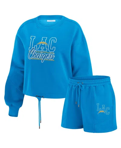 Wear By Erin Andrews Women's 2-piece Powder Blue Los Angeles Chargers Washed Fleece Long Sleeve T-shirt And Shorts Lounge