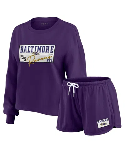Wear By Erin Andrews Women's 2-piece Purple Baltimore Ravens Heavy Rugby Jersey Long Sleeve T-shirt And Shorts Lounge Set