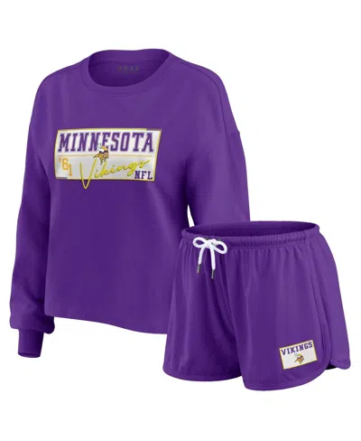 Wear By Erin Andrews Women's 2-piece Purple Minnesota Vikings Heavy Rugby Jersey Long Sleeve T-shirt And Shorts Lounge Se