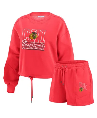 Wear By Erin Andrews Women's 2-piece Red Chicago Blackhawks Washed Fleece Sweatshirt And Shorts Lounge Set