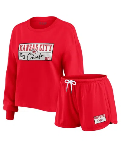 Wear By Erin Andrews Women's 2-piece Red Kansas City Chiefs Heavy Rugby Jersey Long Sleeve T-shirt And Shorts Lounge Set