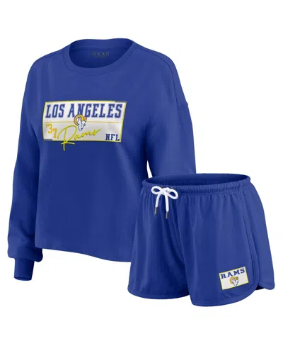 Wear By Erin Andrews Women's 2-piece Royal Los Angeles Rams Heavy Rugby Jersey Long Sleeve T-shirt And Shorts Lounge Set In Blue
