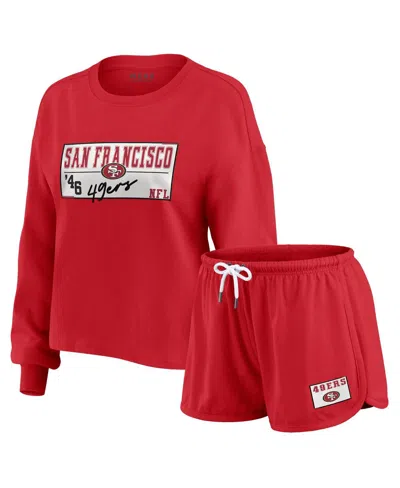 Wear By Erin Andrews Women's 2-piece Scarlet San Francisco 49ers Heavy Rugby Jersey Long Sleeve T-shirt And Shorts Lounge In Red