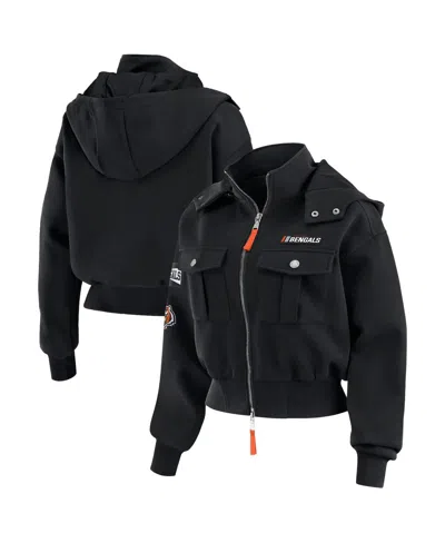 Wear By Erin Andrews Women's Black Cincinnati Bengals Patch Pocket Cropped Full-zip Bomber Jacket