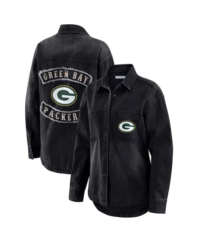 Wear By Erin Andrews Babies' Women's Black Green Bay Packers Washed Oversized Denim Full-snap Shacket