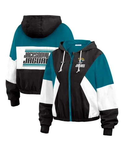 Wear By Erin Andrews Women's Black Jacksonville Jaguars Color Block Full-zip Windbreaker Jacket In Black,teal