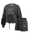 Wear By Erin Andrews Women's Black Jacksonville Jaguars Washed Fleece Long Sleeve T-shirt Shorts Lounge Set In Black