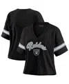 Wear By Erin Andrews Women's Black Las Vegas Raiders Color Block Boxy Modest Crop V-neck T-shirt In Black