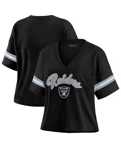 Wear By Erin Andrews Women's Black Las Vegas Raiders Color Block Boxy Modest Crop V-neck T-shirt
