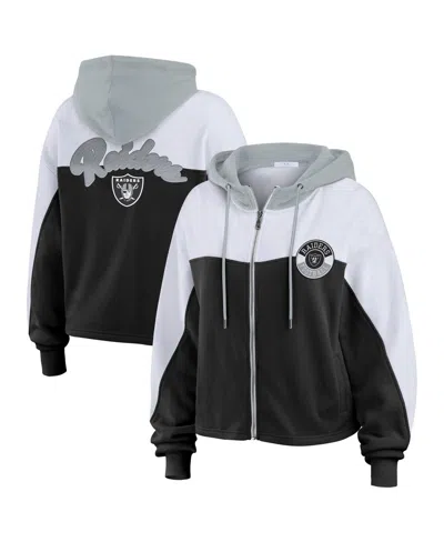 Wear By Erin Andrews Black Las Vegas Raiders Plus Size Color Block Full-zip Hoodie In Black,white
