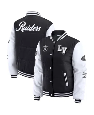 Wear By Erin Andrews Women's Black Las Vegas Raiders Varsity Full-snap Puffer Jacket In Multi