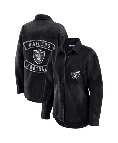 Wear By Erin Andrews Women's Black Las Vegas Raiders Washed Oversized Denim Full-snap Shacket