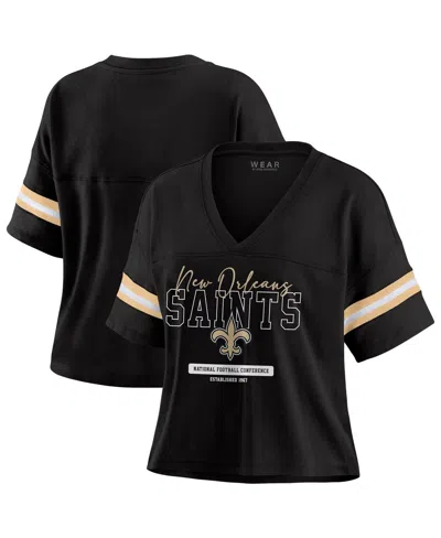 Wear By Erin Andrews Women's Black New Orleans Saints Color Block Boxy Modest Crop V-neck T-shirt