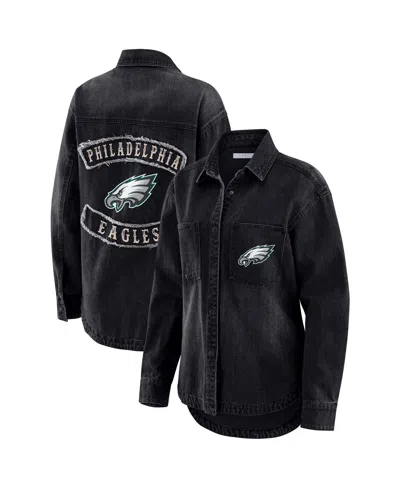 Wear By Erin Andrews Women's Black Philadelphia Eagles Washed Oversized Denim Full-snap Shacket
