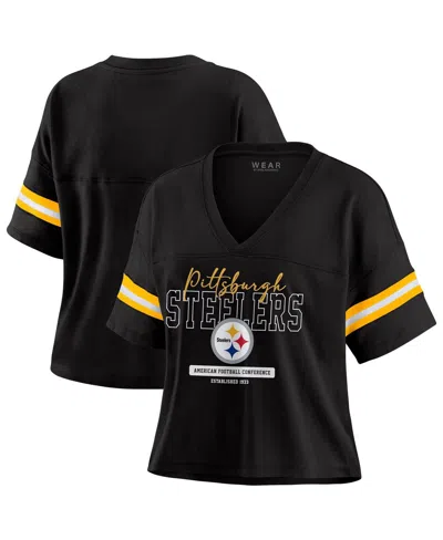Wear By Erin Andrews Women's Black Pittsburgh Steelers Color Block Boxy Modest Crop V-neck T-shirt