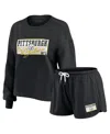Wear By Erin Andrews Women's Black Pittsburgh Steelers Heavy Rugby Jersey Long Sleeve T-shirt Shorts Lounge Set In Black