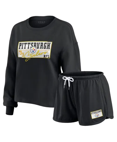 Wear By Erin Andrews Women's Black Pittsburgh Steelers Heavy Rugby Jersey Long Sleeve T-shirt Shorts Lounge Set