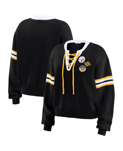 WEAR BY ERIN ANDREWS WOMEN'S BLACK PITTSBURGH STEELERS LACE-UP PULLOVER SWEATSHIRT