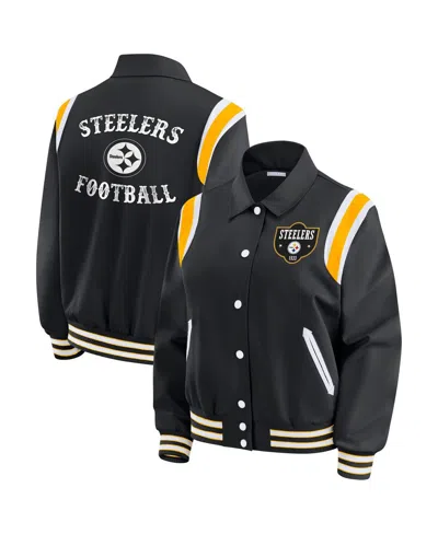 Wear By Erin Andrews Women's Black Pittsburgh Steelers Varsity Lightweight Full-snap Jacket