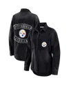 Wear By Erin Andrews Women's Black Pittsburgh Steelers Washed Oversized Denim Full-snap Shacket In Multi