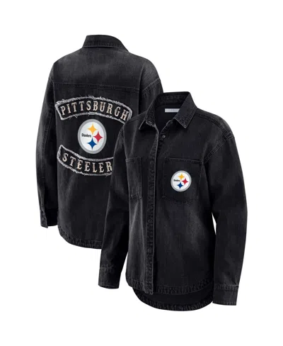 Wear By Erin Andrews Women's Black Pittsburgh Steelers Washed Oversized Denim Full-snap Shacket In Multi