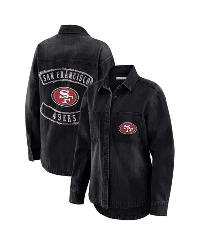 Wear By Erin Andrews Women's Black San Francisco 49ers Washed Oversized Denim Full-snap Shacket