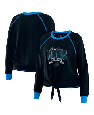 Wear By Erin Andrews Women's Black/blue Carolina Panthers Tie-front Long Sleeve Top