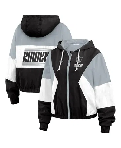 WEAR BY ERIN ANDREWS WOMEN'S BLACK/GRAY LAS VEGAS RAIDERS COLOR BLOCK FULL-ZIP WINDBREAKER JACKET