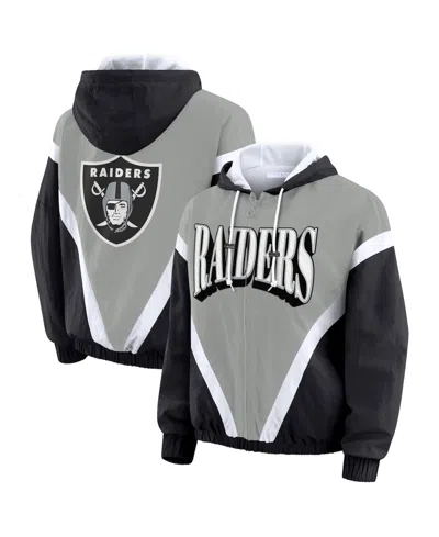 Wear By Erin Andrews Women's Black/gray Las Vegas Raiders Plus Size Retro Crinkle Full-zip Hoodie Windbreaker Jacket