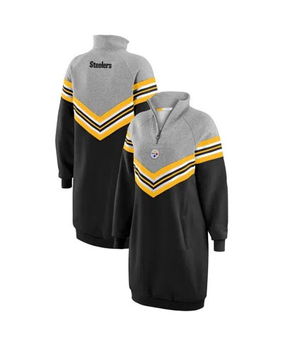 Wear By Erin Andrews Women's Black/heather Gray Pittsburgh Steelers Chevron Stripe Dress In Black,heather Gray