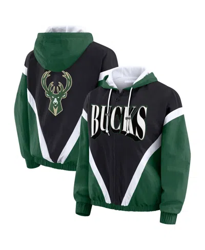 Wear By Erin Andrews Women's Black/hunter Green Milwaukee Bucks Colorblock Full-zip Hoodie Windbreaker Jacket In Multi