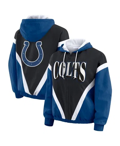 Wear By Erin Andrews Women's Black/royal Indianapolis Colts Retro Crinkle Full-zip Hoodie Windbreaker Jacket In Multi