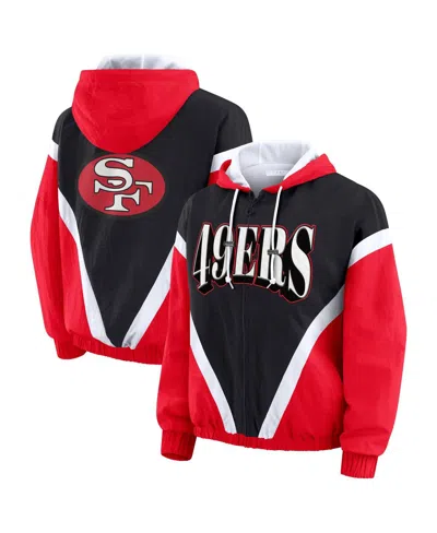 Wear By Erin Andrews Women's Black/scarlet San Francisco 49ers Retro Crinkle Full-zip Hoodie Windbreaker In Red
