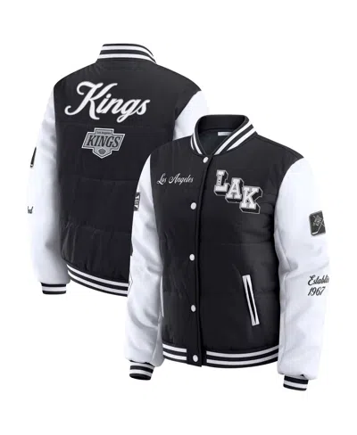 Wear By Erin Andrews Women's Black/white Los Angeles Kings Varsity Full-snap Puffer Jacket