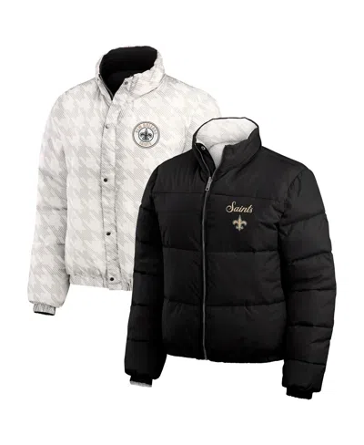 Wear By Erin Andrews Women's Black/white New Orleans Saints Reversible Cropped Full-zip Puffer Jacket In Black,white