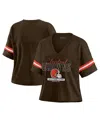 Wear By Erin Andrews Women's Brown Cleveland Browns Color Block Boxy Modest Crop V-neck T-shirt In Brown