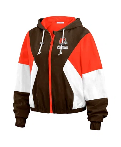 WEAR BY ERIN ANDREWS WOMEN'S BROWN CLEVELAND BROWNS COLOR BLOCK FULL-ZIP WINDBREAKER JACKET