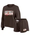 Wear By Erin Andrews Women's Brown Cleveland Browns Heavy Rugby Jersey Long Sleeve T-shirt And Shorts Lounge Set In Brown