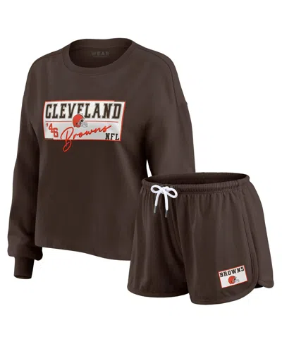 Wear By Erin Andrews Women's Brown Cleveland Browns Heavy Rugby Jersey Long Sleeve T-shirt And Shorts Lounge Set