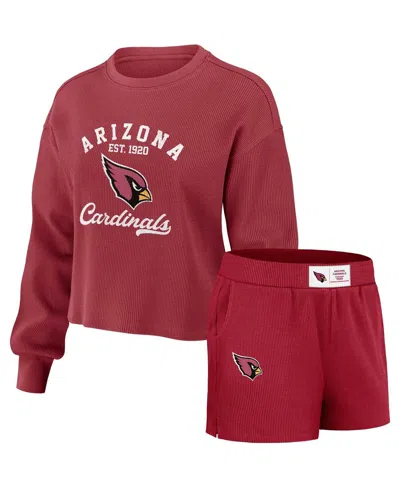 Wear By Erin Andrews Women's Cardinal Arizona Cardinals Waffle Knit Long Sleeve T-shirt Shorts Lounge Set In Burgundy