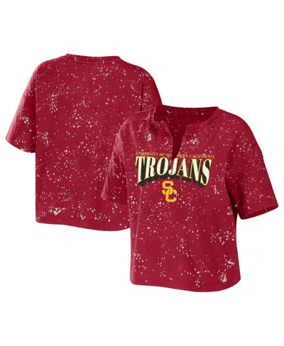 Wear By Erin Andrews Women's Cardinal Usc Trojans Bleach Wash Splatter Cropped Notch Neck T-shirt In Red