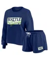 Wear By Erin Andrews Women's College Navy Seattle Seahawks Heavy Rugby Jersey Long Sleeve T-shirt Shorts Lounge Set In Blue