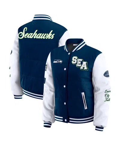 Wear By Erin Andrews Women's College Navy Seattle Seahawks Varsity Full-snap Puffer Jacket In Multi